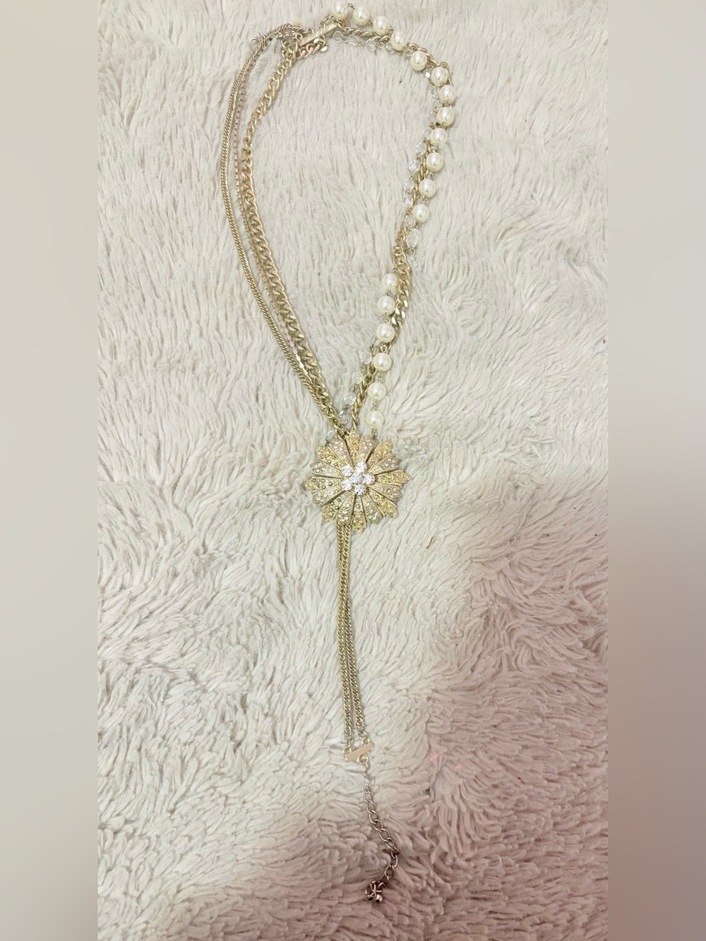 Vintage Gold Multi-Strand Pearl & Crystal Flower Lariat Tassel Necklace
